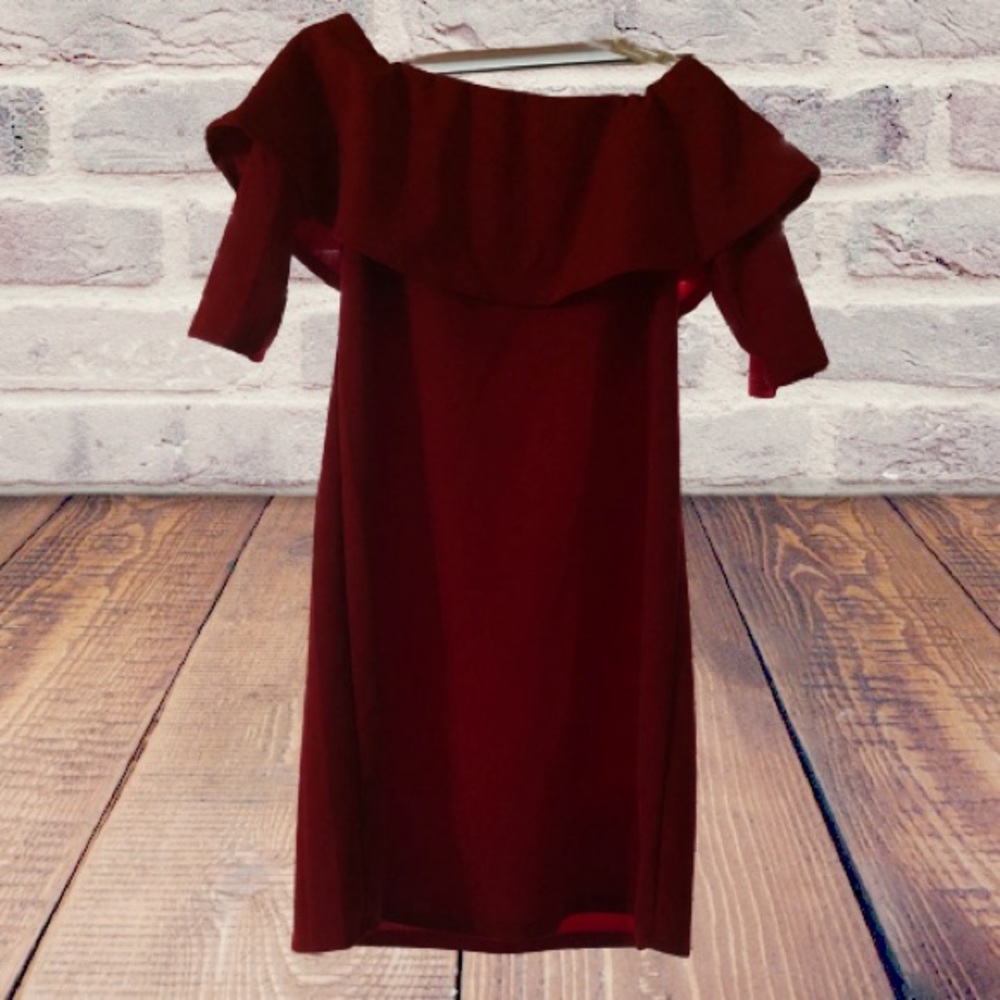 Red off shoulder ruffle neckline dress